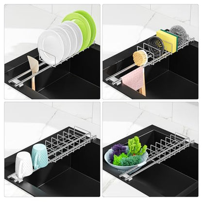 Expandable Over the Sink Plate Drying Rack with Dish Cloth Holder, Small Metal Dish Dryer Rack, Space-Saving Sink Drainer for Plates, Dish Rags, Sponges, Brushes, and Bottles (Silver)