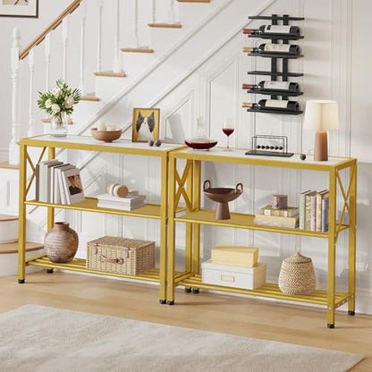 Hoctieon Industrial Console Table, 3 Tier Entryway Table, Metal Frame, Sofa Tables with Shelf, Hallway Desk, Entrance Tables for Entryway, Living Room, Foyer, Hallway, Gold and White - color: Gold&white, size: 1 Pack
