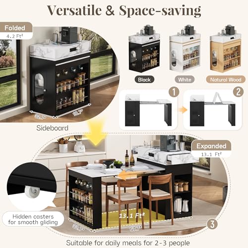 Extendable Dining Table with Folding Tabletop & Power Outlet, Modern Kitchen Island Sideboard with Wheels, Hidden Drawers & USB Charging, Sturdy Buffet Table for Small Spaces (Black) - color: Black