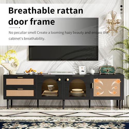 Modern Black Rattan TV Stand for TVs up to 80 inch, 71 in Entertainment Center with 3 Cabinets and 2 Drawers, Media Console with LED Lights and Cable Management for Living Room or Home Theater - color: Black-y