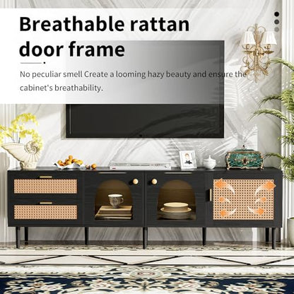 Modern Black Rattan TV Stand for TVs up to 80 inch, 71 in Entertainment Center with 3 Cabinets and 2 Drawers, Media Console with LED Lights and Cable Management for Living Room or Home Theater - color: Black-y
