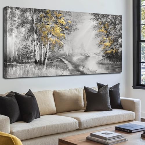 SOUGUAN Misty Forest Wall Art/Living Room Wall Decorations/Black Art 24 x 48 Inch/Plant Oil Painting for Bedroom Kitchen Office Home Decor - color: Gold, size: 48"L x 24"W