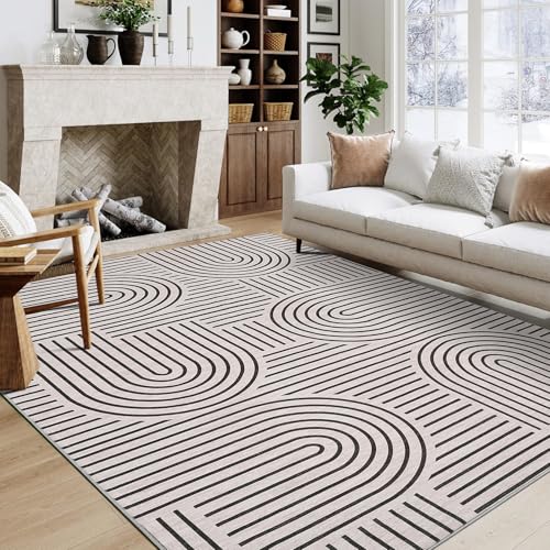 ROYHOME Modern Washable Rug Rainbow 6x9 Area Rugs for Living Room Non Slip | Abstract Rug for Bedroom, Throw Rugs with Rubber Back, Low Pile Stain Resistant Geometric Carpet for Dining Room, LightCamel - color: Light Camel, size: 6' x 9' (Rectangular)