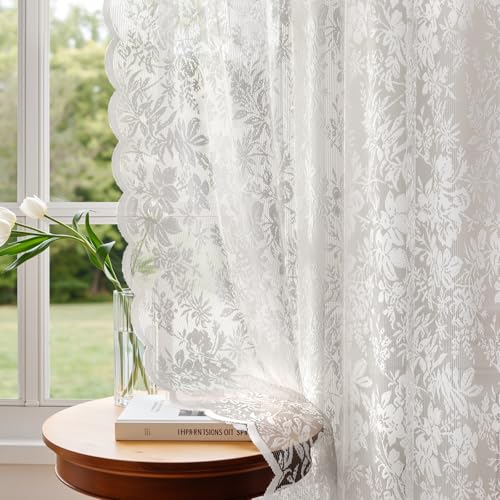 Vintage Floral Lace Sheer Curtains 72 Inches Long 2 Panels Victorian Ivory, Scalloped Edge Light Softening, Easy Install Rod Pocket Drapes for Bedroom Living Room French (W52xL72) White - color: Whitefloral, size: 52"W x 72"L (Pack of 2)