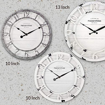 10" Farmhouse Series Wall Clock | Shiplap Style, Raised 3D Arabic Numeral, Antique Distressed White - color: Antique Distressed White, size: 10 inch