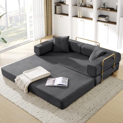 Convertible Folding Sofa Bed, Corduroy Sleeper Mattress Couch with Fixed-Shape Frame, Free Combination Loveseat Lounge Floor Sofa, Queen Size Memory Foam Couch for Living Room, Bedroom, Dark Grey - color: Dark Grey