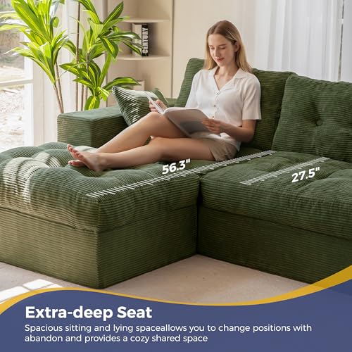 MAXYOYO Boneless Couch, 104-Inch L-Shaped Cloud Couch with Ottoman | Dark Green Upholstered Sofa Features Layered Cushions and Flexible Modules with No Assembly, Ideal for Modern Living Rooms. - color: Dark Green, size: 104" L Shape