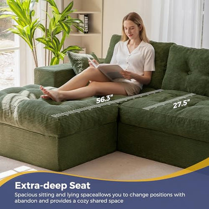 MAXYOYO Boneless Couch, 104-Inch L-Shaped Cloud Couch with Ottoman | Dark Green Upholstered Sofa Features Layered Cushions and Flexible Modules with No Assembly, Ideal for Modern Living Rooms. - color: Dark Green, size: 104" L Shape