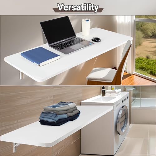 Neoaider Wall Mounted Folding Table 47.2”L x 19.7”W, White | Laundry Folding Table with Heavy Duty Metal Collapsible Shelf Brackets, Wall Mounted Desk Fold Down for Small Spaces - color: White, size: 47.2" x 19.7"