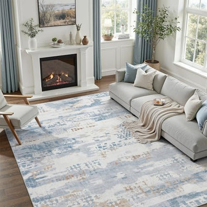 DCX Washable Abstract Area Rug 5x7, Non Slip Low Pile Rug, Blue | Easy to clean, non-shedding, soft, kid & pet friendly, with a non-slip rubber backing for living rooms, bedrooms, and offices - color: Blue & White, size: 5' x 7' (Rectangular)