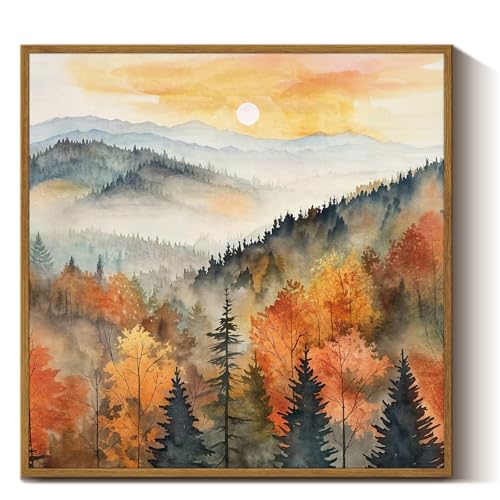 InSimSea Square Framed Canvas Wall Art, Farmhouse Nature Scenery Quiet Forest Awakening Wall Art Prints, Autumn Fall Classical Retro Home Decor for Living Room Bedroom Office 16"x16" - color: Forest Awakening, size: 16"L x 16"W