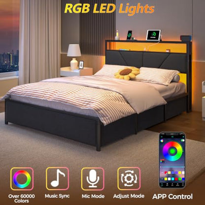 Full Size Bed Frame with Storage Headboard, 6 Drawers, LED&Charging | 2-Tier Fabric Upholstered Headboard, Charging Station&RGB Lights, No Box Spring Needed, easy assembly, Noise-Free - color: Dark Gray, size: Full