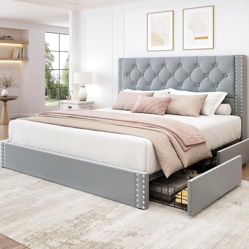 Full Size Bed Frame Upholstered Platform Bed with 4 Storage Drawers and Tufted Headboard Bed Frame with Heavy Duty Wood Slats, No Box Spring Needed, Easy Assembly, Bluish Grey - color: Bluish Grey, size: Full