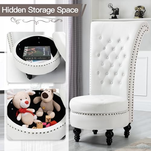 AVAWING High Back Velvet Throne Chair with Storage & Nailhead Trim, White | Tufted Ergonomic Back; Hidden Storage; Sturdy Rubberwood Legs; High-Density Foam; Easy Assembly; For Living Room Bedroom - color: White