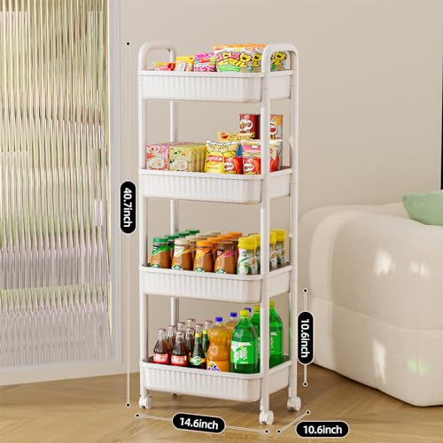 JOYZAN 4 Tier Rolling Carts with Wheels, Utility Cart with Handle and Locking Caster, Storage Cart for Kitchen, Office, Bedroom, Suitable for Diaper, Art Tools, Snack, Craft Storage Cabinet, White - size: White-4 Tier