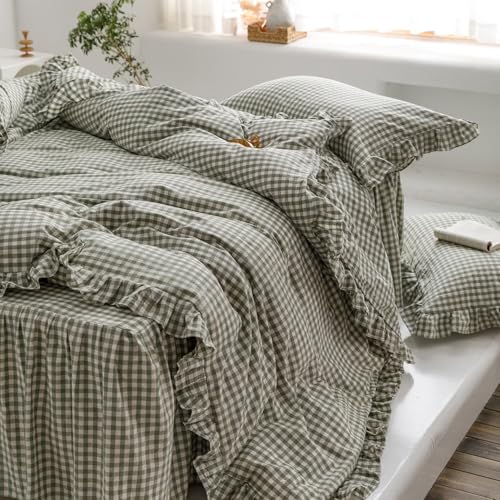 MKXI Sage Green Gingham Duvet Cover Twin, 3-Piece Ruffled Bedding Set - 100% Washed Cotton, Breathable Lightweight Fabric - Farmhouse Boho Chic Style Comforter Cover - color: 002 Ruffle- Green Gingham, size: Twin