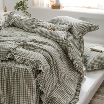 MKXI Sage Green Gingham Duvet Cover Twin, 3-Piece Ruffled Bedding Set - 100% Washed Cotton, Breathable Lightweight Fabric - Farmhouse Boho Chic Style Comforter Cover - color: 002 Ruffle- Green Gingham, size: Twin