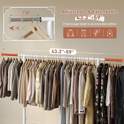 Raybee Clothes Rack, Metal Rolling Garment Rack with Extendable Rod | Storage Mesh Shelf, Lockable Wheels, Tool-Free Assembly, Collapsible Frame, for Bedroom, Laundry, Closet, Commercial, White - color: White, style: Single Rod