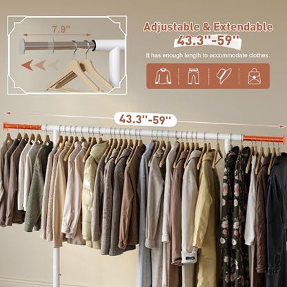 Raybee Clothes Rack, Metal Rolling Garment Rack with Extendable Rod | Storage Mesh Shelf, Lockable Wheels, Tool-Free Assembly, Collapsible Frame, for Bedroom, Laundry, Closet, Commercial, White - color: White, style: Single Rod