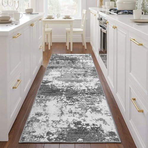 Grey 2x5 Washable Entryway Runner Rug Non Slip for Hallways Kitchen, Bathroom Rug Runners with Rubber Backing 5ft Long Carpet for Laundry Room, Low Pile Stain & Fade Resistant, Abstract Gray - color: Grey, size: 2' X 5' (Runner)