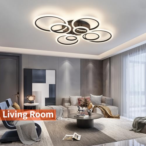 Shine LUEST Modern Ceiling Light, 41.3'' Dimmable LED Black Flush Mount Ceiling Lights with Remote Acrylic Round Ceiling Lamp Fixture for Low Ceiling Bedroom Living Room Dining Room, 108W - color: Black, 8 Rings