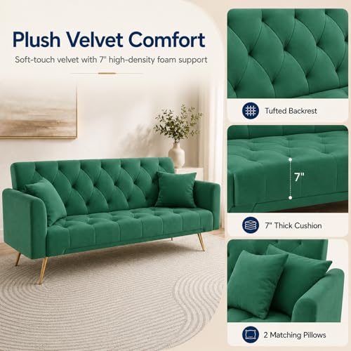 Majnesvon 71" Convertible Folding Sleeper Sofa Couch,Modern Velvet Loveseat Sleeper with 2 Pillows, Futon Sofa Bed with Mattress and Frame for Living Room,Bedroom,Small Space (Green) - color: Green