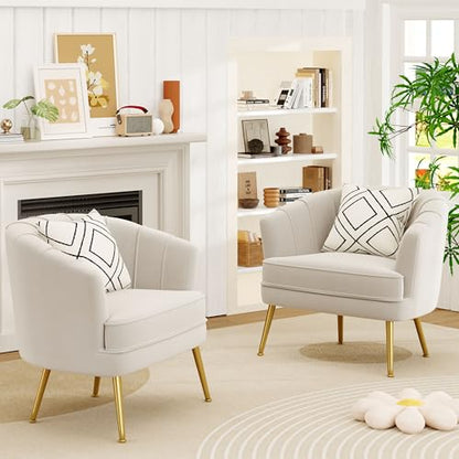 Velvet Accent Chair, Barrel Armchair, Beige | Velvet Upholstery, Golden Metal Legs, Comfy Barrel Back, Modern Style, Living Room Bedroom Office - color: Beige, size: 1 Chair