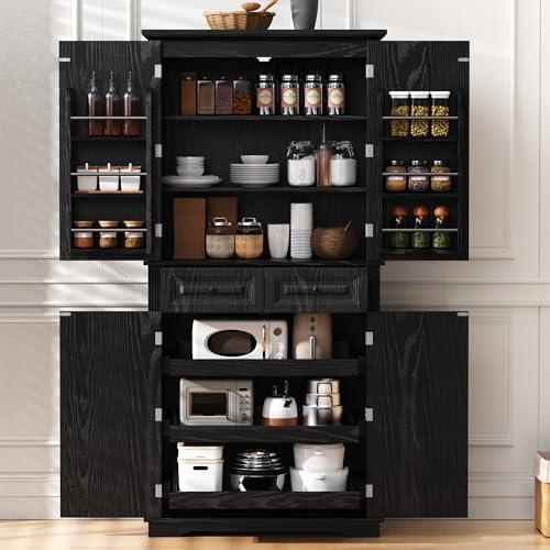 Ball & Cast 71" Farmhouse Kitchen Pantry Cabinet with 3 Pull-Out Organizers, Tall Storage Cabinet with 4 Doors, 2 Drawers, 6 Door Shelves & Adjustable Shelves, Freestanding Cupboard, Black - color: Black -1, size: 31.5in W