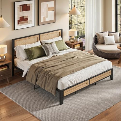 LIKIMIO Queen Rattan Bed Frame with Headboard, Boho Metal Platform Bed | Rattan headboard, 900 lb support, metal slats, EVA pads, 9.8-inch underbed clearance, no box spring needed. - size: Queen