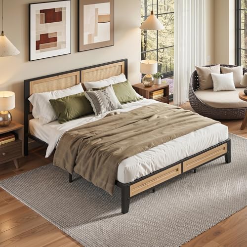 LIKIMIO Queen Rattan Bed Frame with Headboard, Boho Metal Platform Bed | Rattan headboard, 900 lb support, metal slats, EVA pads, 9.8-inch underbed clearance, no box spring needed. - size: Queen