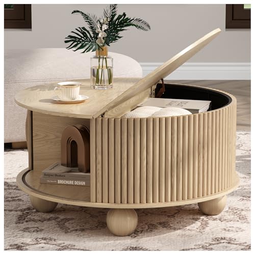 JOINICE 31.5" Round Coffee Table with Storage for Living Room,Natural Oak | Unique Bun Feet,Boho Center Table,Hidden Storage,Fluted Sliding Door,Solid Wood Legs,Easy Assembly,Up to 110 lbs - color: Oak_round (Bun Feet)