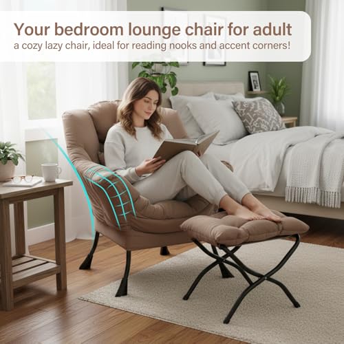 Lazy Chair with Ottoman, Velvet Reading Chair with Pillow，Black | Comfy Accent Lounge Chair with Pillow & folding Foot Stool, sturdy metal frame for bedroom, dorm or apartment, Living Room - color: Pure Khaki