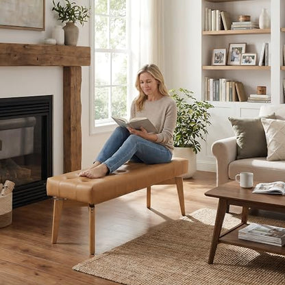 HNY Brown PU Leather Upholstered Bench,45.5 Wood Window Bench | Entryway Bench Storage Bench Bedroom Bench Modern Tufted Floating Design Seat for Living Room Indoor Hallway - color: Brown Pu