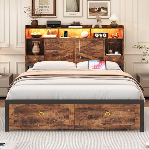 TIGUBFRE Full Bed Frame with 4 Drawers Bookshelf Headboard, Farmhouse Bed Frame with Charging Station & LED Lights, Metal Slats Support, Noise Free, No Box Spring Needed Rustic Brown - color: Rustic Brown, size: Full