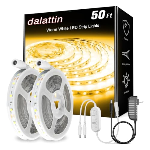 dalattin Warm White LED Strip Lights 50ft, Led Lights Strip Dimmable Bright 24V 3000K, 900 LEDs Lights for Bedroom, Mirror, Kitchen, Strong Adhesive（2 Rolls of 25ft） - color: Warm White, size: 50FT