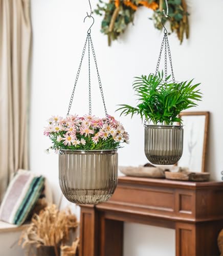 Josteve 5.2/8.2 Inch 2 Pcs Self Watering Hanging Planter Indoor Plant Pots Drainage Holes, Outdoor Small Hanging Planters Flower Pot Basket, Visible Water Level, Plant Hanger Home Decor, Gardening - color: Gray, size: 2*5.2/8.2 inch