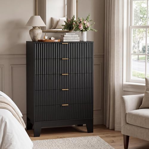 IDEALHOUSE 5 Drawer Dresser for Bedroom, Fluted Dresser for Bedroom | Fluted Door, Sturdy Structure, Easy to Clean - color: Black, size: 31.5"D x 15.6"W x 47.2"H (5 Drawers)