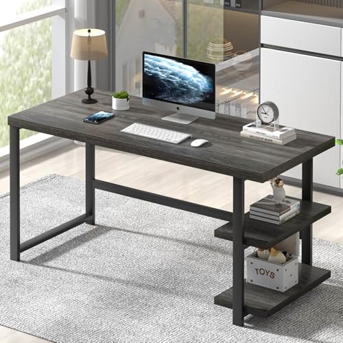 Home Office Desk, Modern Computer Desk with Storage Shelf, Wood Study Writing Gaming Table for Bedroom Living Room, Industrial Dark Gray, 53 Inch - color: Dark Gray, size: 53 inch
