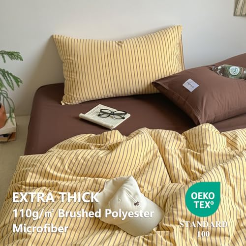 Striped Duvet Cover Queen Yellow Bedding Set with Brown Stripes | Soft Lightweight Microfiber Duvet Cover Set 3 Pieces Striped Quilt Cover with 2 Pillowcases, Zip Closure, No Insert - color: Brown Striped, size: Queen (1 Duvet Cover + 2 Pillowcases)