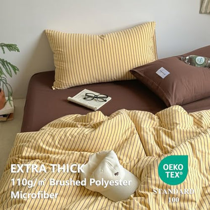 Striped Duvet Cover Queen Yellow Bedding Set with Brown Stripes | Soft Lightweight Microfiber Duvet Cover Set 3 Pieces Striped Quilt Cover with 2 Pillowcases, Zip Closure, No Insert - color: Brown Striped, size: Queen (1 Duvet Cover + 2 Pillowcases)
