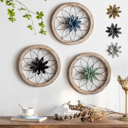 Paquesta 3 Piece Round Farmhouse Wall Decor with 6 Piece Interchangeable Flowers 12'' Medallion Wood & Metal Rustic Wall Art for Living Room Bedroom Kitchen Bathroom Dining Room Home Decorations - color: black wheel