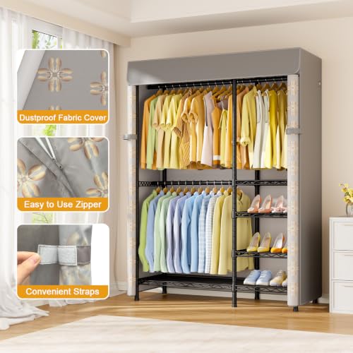 F2C Clothes Rack with Cover, Brand Custom Dustproof Pattern Cover | Heavy-Duty Clothing System with Cover, Garment Rack with Shelves and Hanger Rods, 47.2"W x 16.5"D x 78.3"H, Holds 630 lbs - color: Black Closet with Pattern Cover