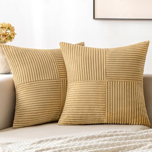 MIULEE Cream Yellow Decorative Throw Pillow Covers for Couch 18x18 Inch | 2 Pack, Boho Farmhouse Pillow Covers, Soft Cross Corduroy Patchwork Textured Cushion Cases For Bed Sofa - color: Cream Yellow, size: 18" x 18" (Pack of 2)