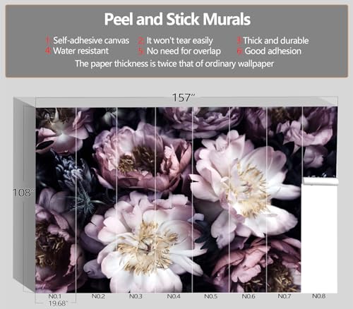 XMPMBM-Peel and Stick Purple Peony Floral Wallpaper Black Flower wall Mural | Thick and tear-resistant,Will not be damaged during repositioning,Living Room Bathroom,Bedroom wallpaper.XL-157"X108" - color: M03, size: 157"x108"