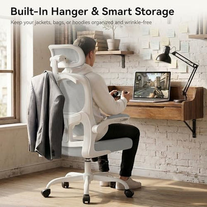 Ergonomic Office Chair, Desk Chair with Adjustable Lumbar Support | High Back Breathable Mesh Computer Chair with Adjustable Headrest,Hanger,Flip Up Armrest and Rocking Function for Home Office - color: Grey