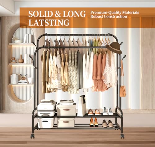 Antiwar Sturdy Metal Double Rodding Clothes Rack With Wheels, Portable Clothing Rack With Shelves & Hooks, Heavy Duty Garment Racks for Hanging Clothes, Multi-Functional Closet Rack for Bedroom, Black - color: LIght Black