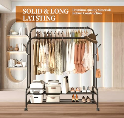 Antiwar Sturdy Metal Double Rodding Clothes Rack With Wheels, Portable Clothing Rack With Shelves & Hooks, Heavy Duty Garment Racks for Hanging Clothes, Multi-Functional Closet Rack for Bedroom, Black - color: LIght Black