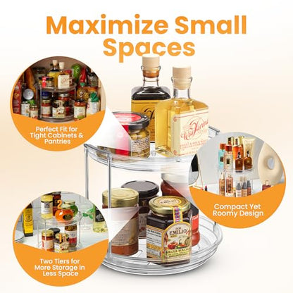 Oizeir 2 Tier Lazy Susan Organizer for Cabinet, Clear Acrylic Rotating Spice Rack Turntable for Kitchen, Pantry, Countertop, Bathroom, Vanity – Double Tier Storage Carousel with Metal Supports - size: 1-Pack
