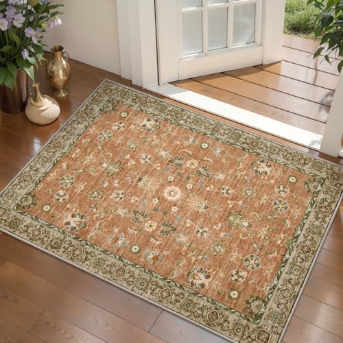 Tangsoo Small 2x3 Washable Entryway Rug,Vintage Terracotta Rug Non Slip | Boho Farmhouse Throw Entry Rug,Distressed Floor Carpet Soft Low Pile Small Door Mat for Entrance Bedroom Bathroom Foyer Decor - color: Terracotta Tangerine, size: 2' X 3' (Rectangul