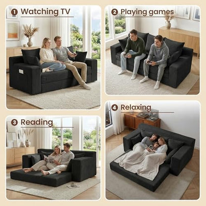 Boneless Couches 70 inch: 3-in-1 Convertible Sofa Bed Futon Couch Bed, Oversized Loveseat Sleeper Sofa with 5 Pillows, Black Small Couch for Living Room, Bedroom & Small Space - color: Black, size: 70 Inch